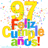 GIF festivo lleno de confeti de colores, el número 97 grande en amarillo y la frase 'Feliz cumpleaños' en letras multicolores y brillantes.