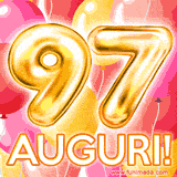 Bouquet animato di palloncini multicolori che emergono da una scatola regalo, con il numero 97 e la scritta 'Tanti Auguri!' su uno sfondo pieno di coriandoli.