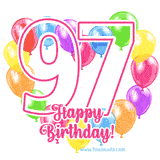 An animated birthday greeting card with a large '97' in pink outline surrounded by colorful balloons heart-shaped frame, and 'Happy Birthday!' written below in hand-written font.