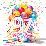 A festive birthday age GIF with animated star confetti, colorful balloons, and a gift box with the number 97. The text reads 'Happy Birthday'.