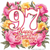A celebratory GIF image features the animated number '97' and the words 'Happy Birthday!' surrounded by pink and yellow flowers. Two moving butterflies are included in this festive design.