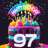 Chocolate cake with cyan layers, pink dressing and a big number 97 adorned with vibrant multicolored frosting, lit candles, and a rainbow topper with text that says 'Happy Birthday'. Animated colorful confetti move behind the cake.