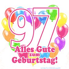 Ein verspieltes animiertes Geburtstags-GIF mit bunten Ballons in Herzform und der Zahl 97.
