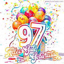 Ein lebendiges Geburtstags-GIF mit bunten Ballons, animiertem Konfetti, der Zahl 97 und den Worten 'Alles Gute zum Geburtstag' in dekorativer Schriftart.