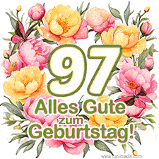 Ein elegantes GIF mit einem Blumenkranz in zarten Tönen, der großen Zahl 97 und den Worten 'Alles Gute zum Geburtstag'.