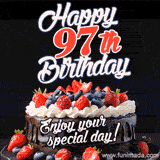 A birthday greeting card image. It features a chocolate cake with berries and the text 'Happy 97th Birthday. Enjoy your special day!'