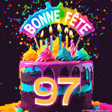 GIF animé pour un 97e anniversaire avec un gâteau au chocolat recouvert de glaçage arc-en-ciel, des bougies allumées, et le texte 'Bonne Fête' sur un fond étoilé et festif.