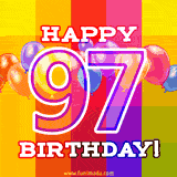 A birthday cake with lit candles is shown with colorful balloons and animated confetti.