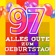 Große Zahl 35 in Umrissschrift, die Worte 'Alles Gute zum 97. Geburtstag', mehrfarbige animierte Ballons und lebendiger Hintergrund.