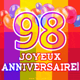 GIF animé 98 ans avec des ballons colorés, un grand chiffre 98 et 'Joyeux Anniversaire!' sur un fond éclatant.