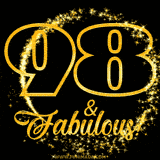 A celebratory animated graphic reads '98 & Fabulous!', rendered in sparkly gold text on a black background with starburst animations.