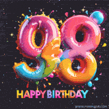 A vibrant age-specific birthday short animation displays the number '98' in shiny balloon-like letters with the words 'Happy Birthday' underneath. The dark background is punctuated with festive stars and balloons.