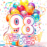 Animazione con palloncini colorati e scintillanti, accompagnata dal numero 98 in caratteri grandi e luminosi, e la scritta 'Tanti Auguri!' in stile vivace.