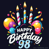 A celebratory sticker-themed 98th birthday animated image with lit candles, balloons, and streamers. The text reads 'Happy Birthday 98 with a stylized, dynamic font.