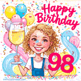 An animated birthday GIF featuring a smiling cartoon woman holding a glass of wine. Text reads 'Happy Birthday 98' surrounded by colorful balloons and confetti.