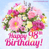 A birthday cake with lit candles is shown with colorful balloons and animated confetti.