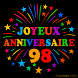 GIF animé 'Joyeux Anniversaire 98' avec des lettres colorées et des feux d'artifice éclatants