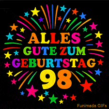 Animiertes GIF 'Alles Gute zum Geburtstag 98 mit bunten Buchstaben und leuchtenden Sternen