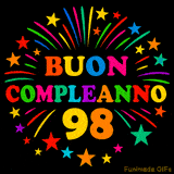 GIF animata 'Buon Compleanno 98' con lettere colorate e fuochi d'artificio