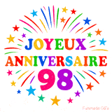 GIF animé joyeux anniversaire 98 ans avec étoiles multicolores et feu d’artifice