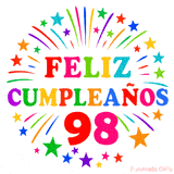 Imagen animada para felicitar los 98 años con letras de colores y diseño festivo.