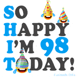 A fun birthday animation celebrating turning 98 with colorful party hats, smiling faces, and cheerful emojis.