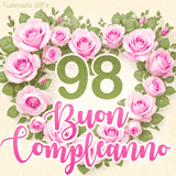 GIF per il 98° compleanno con un cuore di rose rosa e scritta elegante