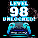 Animated GIF for a 98 birthday. The text 'Level 98 Unlocked!' and 'Happy Birthday!' are displayed over a blue video game controller with exploding fireworks in the background.