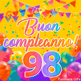 Un GIF animato per un 98° compleanno, Presenta il testo 'Buon Compleanno 98' su uno sfondo giallo vivo con palloncini colorati, festoni e una pioggia di coriandoli.