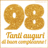 GIF animata per un 98° compleanno, Mostra il numero 98 in grandi caratteri dorati pieni di glitter scintillante, Sotto, la scritta 'Tanti auguri di buon compleanno!' in un elegante oro.