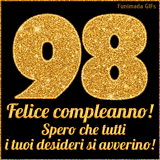 Un GIF animato per un 98° compleanno, Presenta il testo 'Buon Compleanno 98' su uno sfondo giallo vivo con palloncini colorati, festoni e una pioggia di coriandoli.