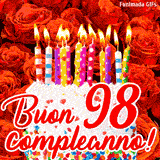 GIF animata per un 98° compleanno, Mostra una torta bianca con candeline colorate accese e coriandoli, di fronte a un muro di rose rosse, Il testo dice 'Buon 98 compleanno!'.