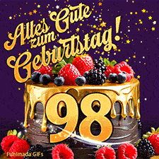 Eine köstlich aussehende animierte Geburtstagskarte für den 98. Geburtstag, dekoriert mit Erdbeeren, Blaubeeren und goldenen Details, Sterne funkeln und fallen, mit 'Alles Gute zum Geburtstag!'-Text.