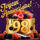 Une animation de célébration d'un gâteau de 98ème anniversaire, Des étoiles dorées tombent du ciel, mettant en valeur le texte 'Joyeux Anniversaire !' et le nombre doré 98 à l'avant du gâteau.