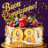 Un GIF animato di una bellissima torta per il 98° compleanno con glassa dorata e frutti di bosco freschi, Il numero dorato 98 è davanti, e stelle cadono su uno sfondo viola scuro.