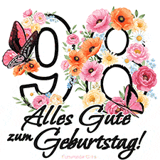 Ein florales GIF zum 98. Geburtstag. Die Zahl '98' ist von animierten Blumen und Schmetterlingen umgeben und bietet eine schöne und fröhliche Art, den Meilenstein zu feiern.