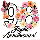 Ce GIF de Joyeux 98ème Anniversaire présente le nombre vingt rempli d'un bouquet vibrant de fleurs animées, avec des papillons qui bougent doucement sur un fond blanc.