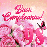 GIF dei 98 anni che raffigura rose rosa, numero novantotto e una farfalla rosa in movimento su sfondo di polvere di stelle.