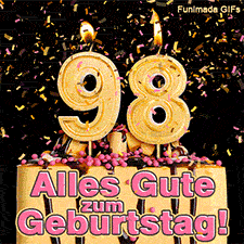 Eine Torte mit Schokoglasur, rosa Perlen und einer brennenden goldenen 98. Goldfarbene Schnipsel fallen herab. Text: Alles Gute zum Geburtstag! Kunst.