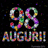 Il numero 98 e l'espressione Auguri disegnati da gioielli brillanti multicolori, circondati da piccole scintille su uno sfondo scuro.