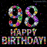 On a dark background, the number 98 and Happy Birthday phrase are formed using colorful shimmering jewels, accompanied by tiny animated twinkling bright stars.