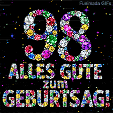 Schwarzer Hintergrund mit der aus bunten Diamanten geformten Zahl 98 und den Worten Alles Gute zum Geburtstag, umgeben von Glitzersternen.