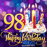 Gold number 98 and Happy Birthday lettering beside a frosted cupcake topped with burning candles on a glowing purple bokeh backdrop with sparkles.