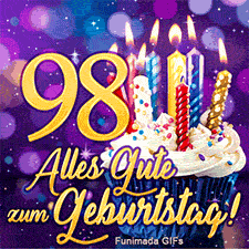 Goldener Text 'Alles Gute zum Geburtstag!' unter der 98. Ein Muffin mit leuchtenden Kerzen steht auf einem funkelnden lila Hintergrund.