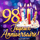 Carte animée 98 ans illustrant le nombre 98 en or, un cupcake aux bougies étincelantes et un fond lila.