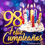 Tarjeta animada 98 años ilustrando el número 98 en oro, un cupcake con velas encendidas y fondo lila.