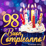 Biglietto animato 98 anni illustrante il numero 98 in oro, un cupcake con candele accese e sfondo lila.