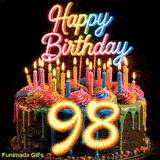 Spinning 98th birthday cake GIF featuring colorful drip icing, glowing neon Happy Birthday topper, and gold number 98.