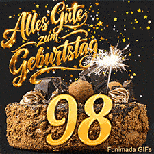 Ein leckerer Schokokuchen trägt die goldene Achtundneunzig. Helle Wunderkerzenfunken und ein Schauer aus Goldsternen komplettieren das Bild.