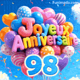 Le chiffre bleu 98 est attaché à un énorme bouquet de ballons flottants. Le texte 3D épelle Joyeux Anniversaire devant un ciel nuageux.